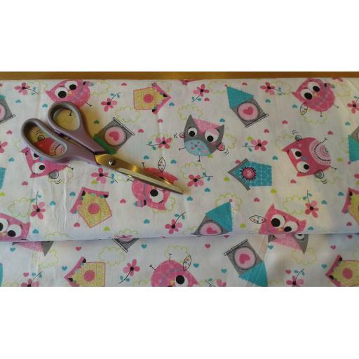 Owl and birdhouse cotton fabric