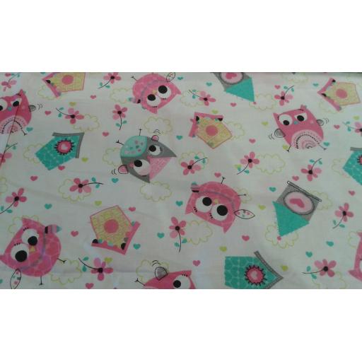 Owl and birdhouse cotton fabric