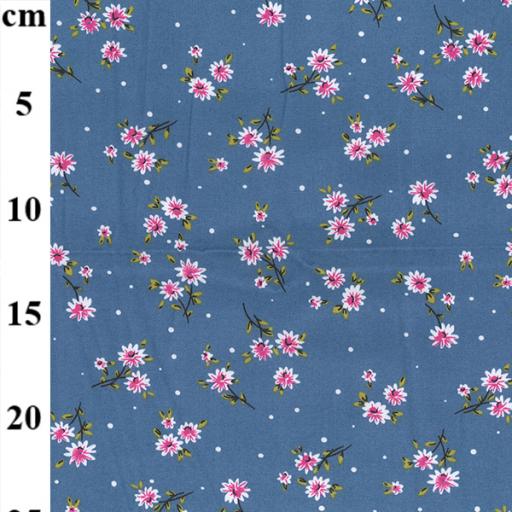 Floral Printed denim fabric with pink flowers,