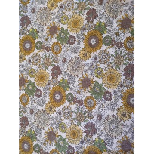 Ivory sunflower print cotton poplin fabric, Retro print