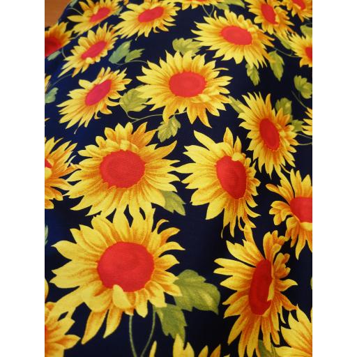 Navy bright sunflower print cotton poplin fabric, Retro print