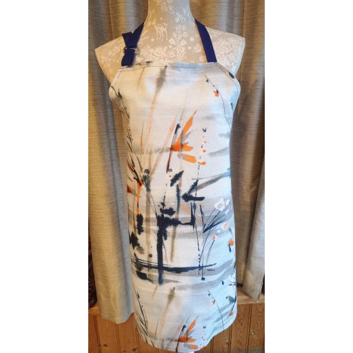 Abstract navy orange Adult apron - hand made full length apron with adjustable neck strap