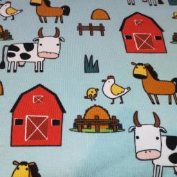 Farmyard jersey. Cows, chickens, horses, barns, hay, fences on pale blue background