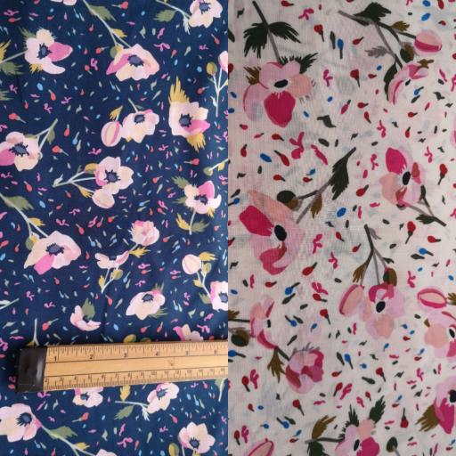 Wild roses navy pima lawn, navy or cream background with pale pink and darker pink wild roses with green leaves. 