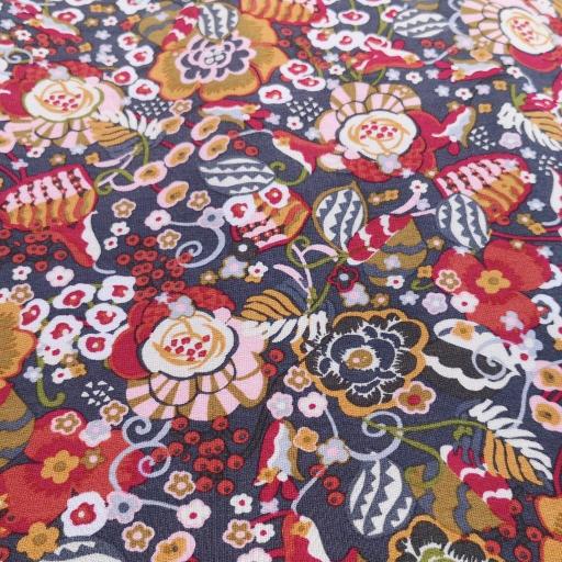 Flower power french terry. grey with natural , mustard and multi coloured floral print