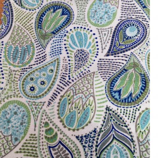 Viscose twill white with blue and green paisley