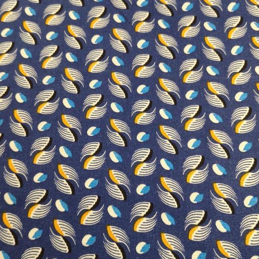 Ying Yang blue viscose print. Blue background with back,white and mustard yellow print