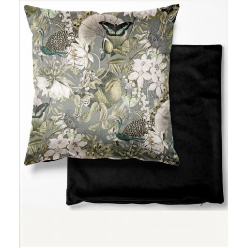 Luxury velvet floral cushion cover - grey bird