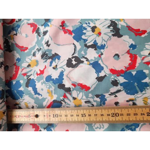 Duck egg blue floral with red, royal, yellow flowers. Pima Cotton lawn.