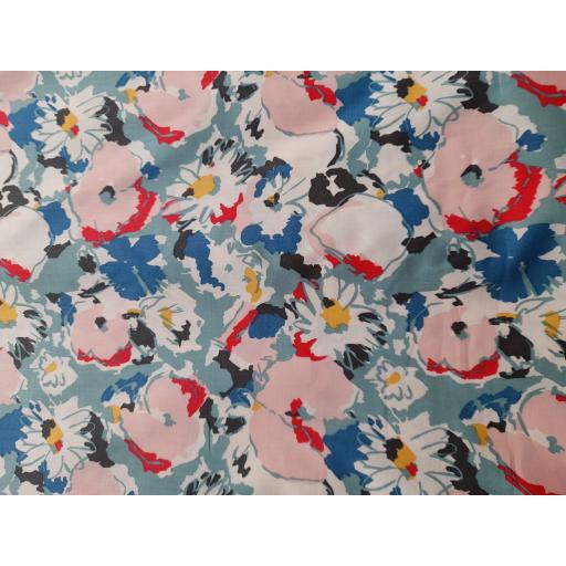 Duck egg blue floral with red, royal, yellow flowers. Pima Cotton lawn.