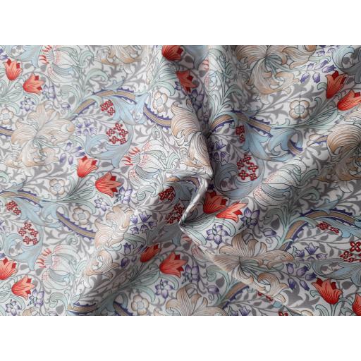 Acanthus floral cotton lawn- arts and crafts floral print of pale blue and coral on white cotton lawn
