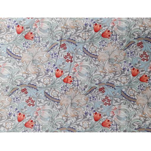 Acanthus floral viscose- arts and crafts floral print of pale blue and coral on white cotton lawn